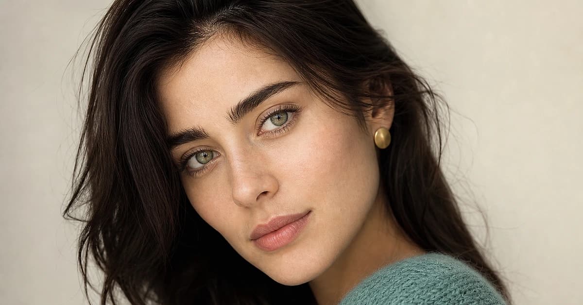 A close portrait of a woman with fair olive skin, pale with a soft green-gray cast, wearing a muted teal top, in soft daylight, by ToneLala