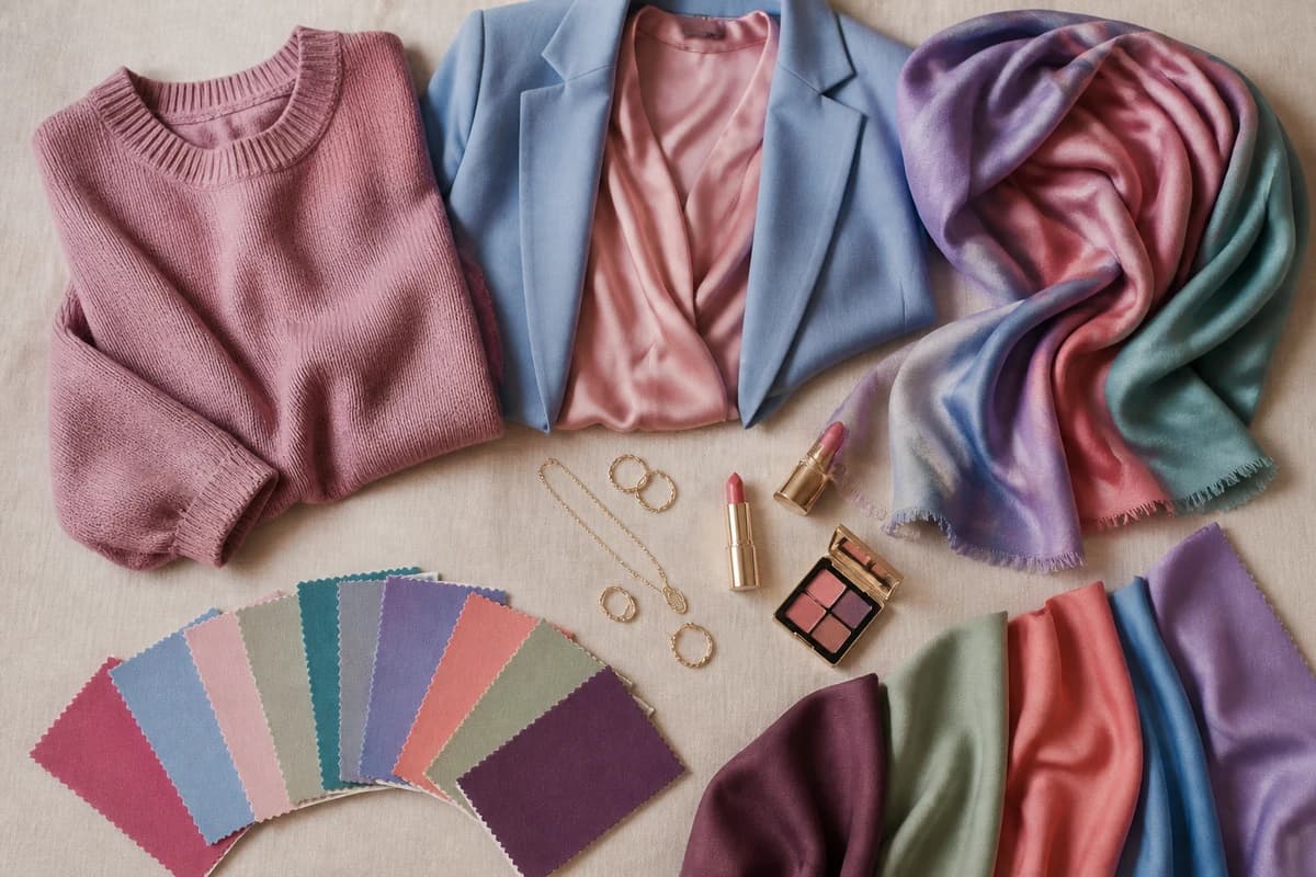A flat-lay of flattering colors for fair skin, soft raspberry, periwinkle, dusty rose, soft teal and lavender with soft white and gray neutrals, by ToneLala