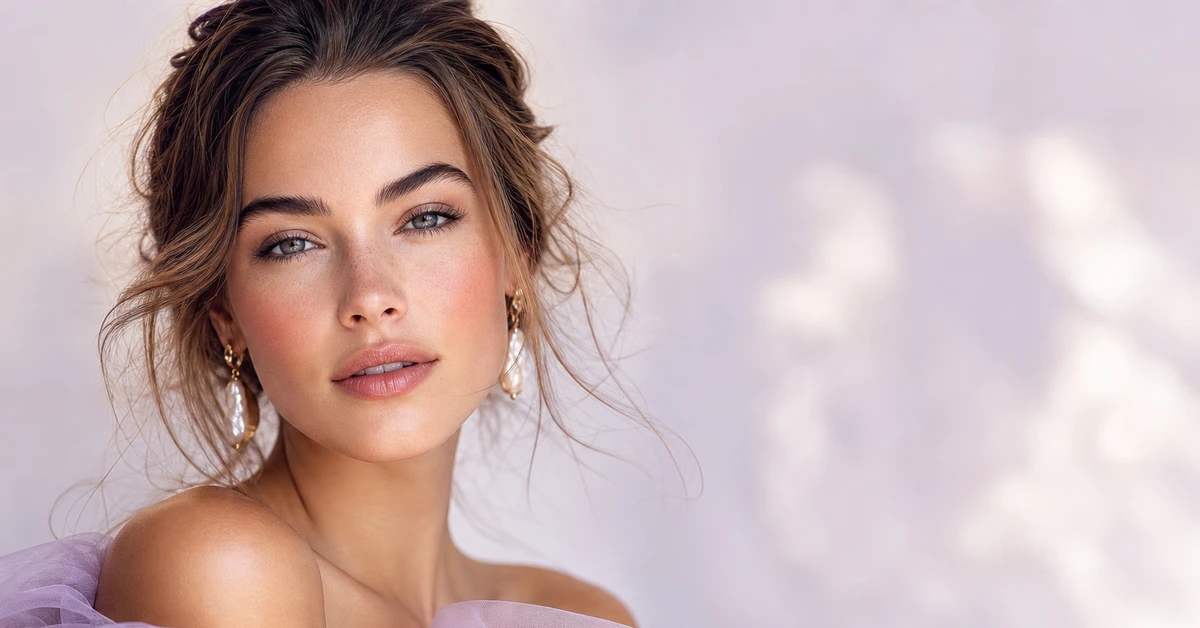 A woman with fair skin wearing a flattering soft raspberry knit with delicate jewellery against a soft neutral background, by ToneLala