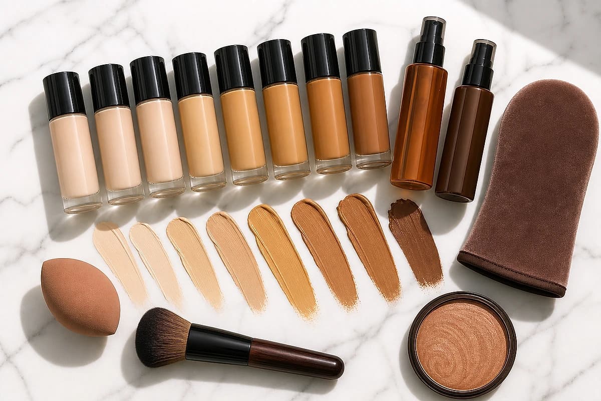 A flat-lay of self-tanner bottles, a tanning mitt and foundation shades from light to tan with warm, neutral and golden undertone swatches on a white surface, by ToneLala