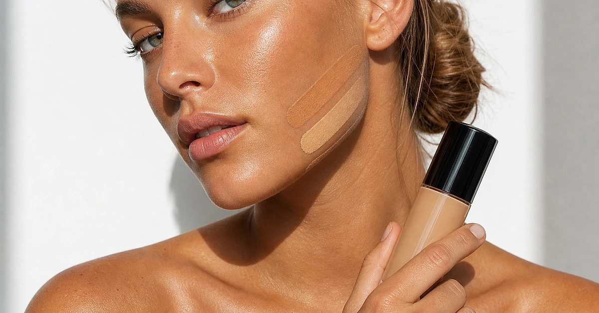 A woman with a fresh golden self-tan swatching three foundation stripes along her jawline and neck in daylight to match her shade, by ToneLala
