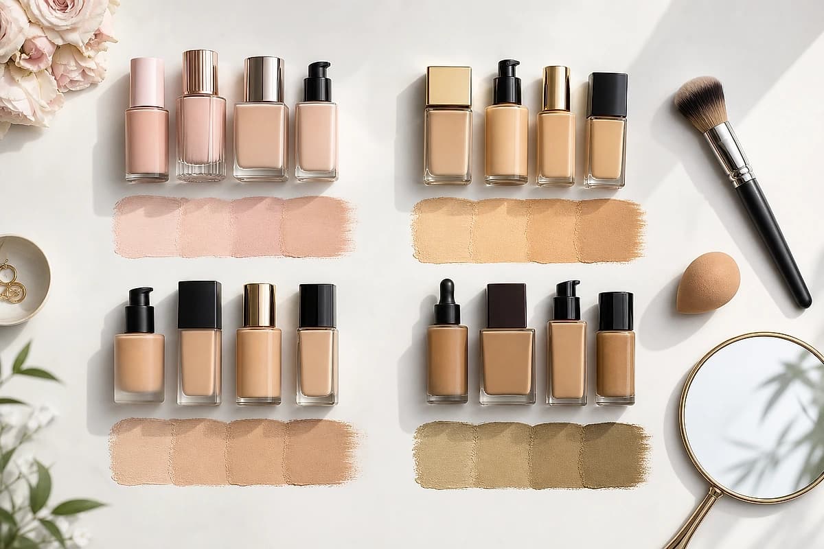 A flat-lay of foundation bottles arranged by undertone, pink-cool, yellow-warm, neutral and olive, with blended swatches on a white surface, by ToneLala