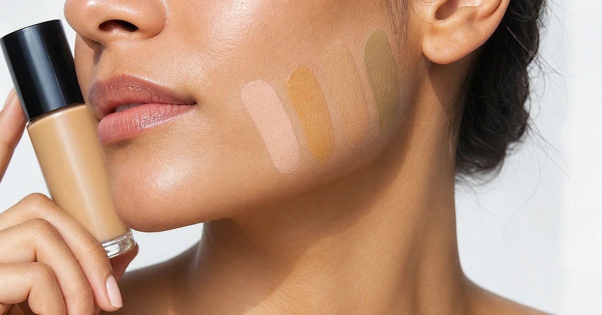 Four foundation stripes, warm, cool, neutral and olive, swatched side by side on a woman's jawline in daylight to show undertone differences, by ToneLala
