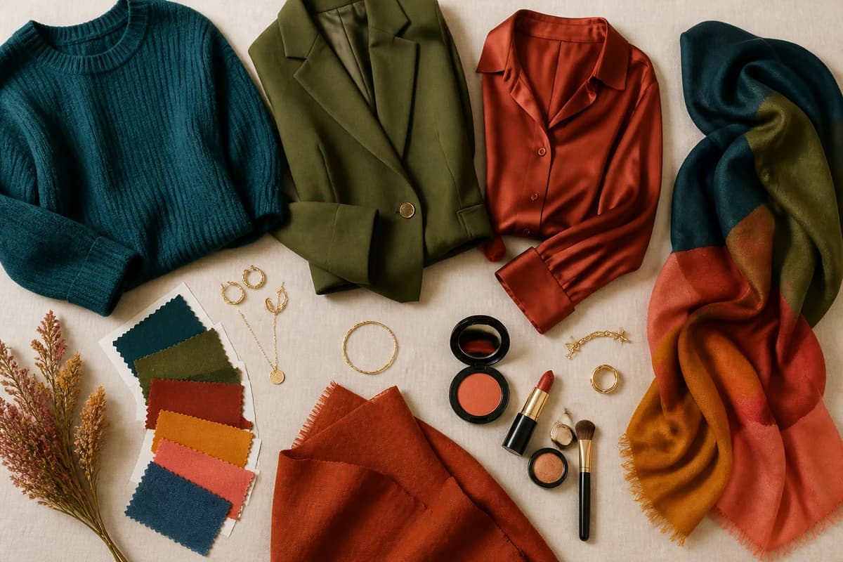 A flat-lay of colors to wear with golden brown hair, teal, olive, rust, cream and warm pieces, by ToneLala