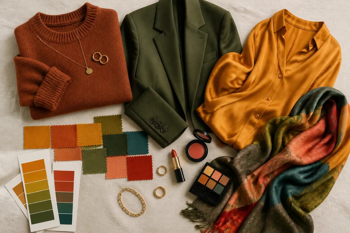 A flat-lay of the best colors for a golden skin tone, amber, terracotta, golden honey, olive and warm teal pieces with cream and camel neutrals, by ToneLala