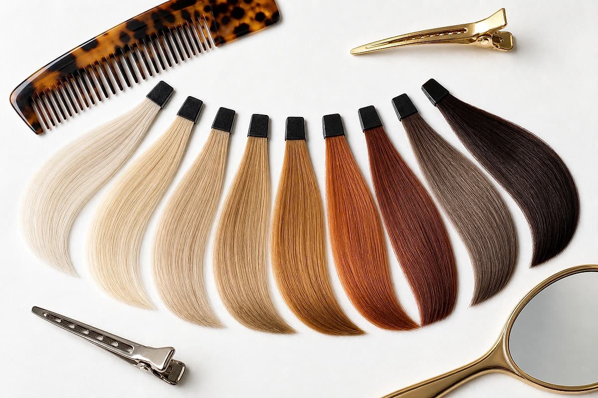 A flat-lay of hair color swatches from platinum and ash blonde through honey, caramel, copper, auburn and chestnut to espresso, arranged by warm and cool tone on a white surface, by ToneLala