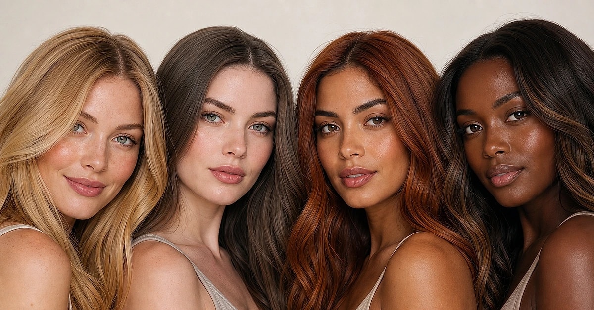 Four women with different skin tones each wearing the hair color that flatters them, golden blonde, ash brown, copper and espresso, in soft daylight, by ToneLala