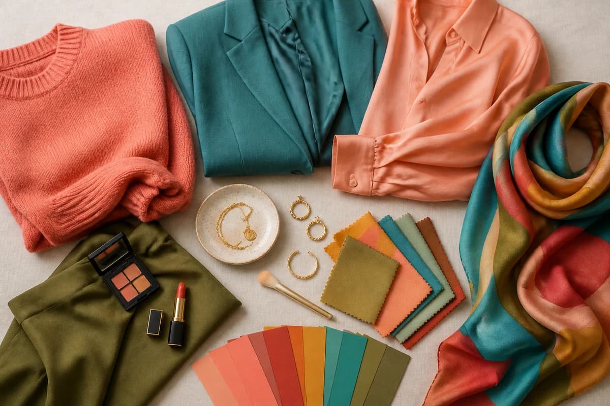 A flat-lay of the best colors to wear with honey blonde hair, coral, teal, olive, warm red, terracotta and cream pieces, by ToneLala