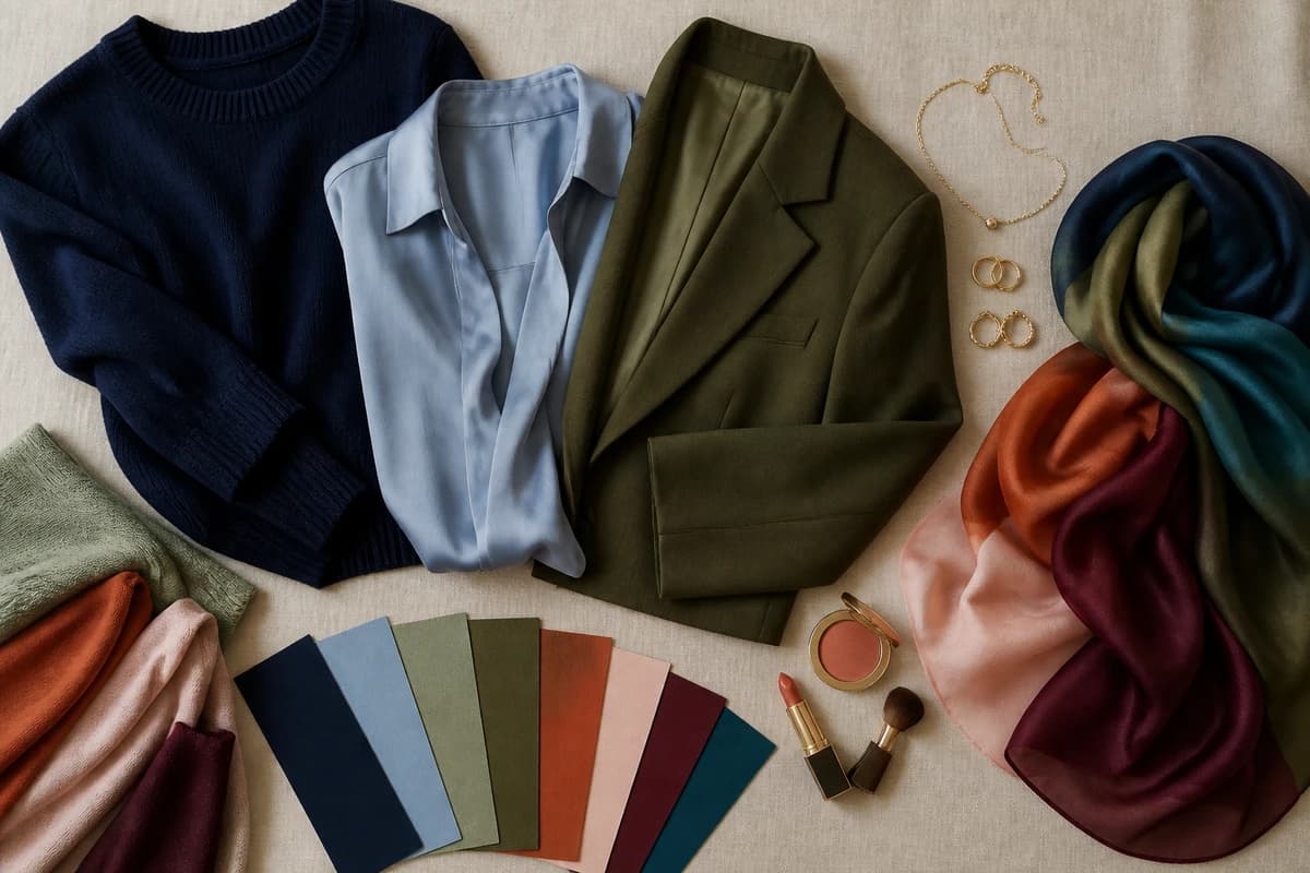 A flat-lay of capsule wardrobe essentials in a cohesive palette, ivory knit, navy trousers, camel coat and soft blue shirt with gold jewelry, by ToneLala