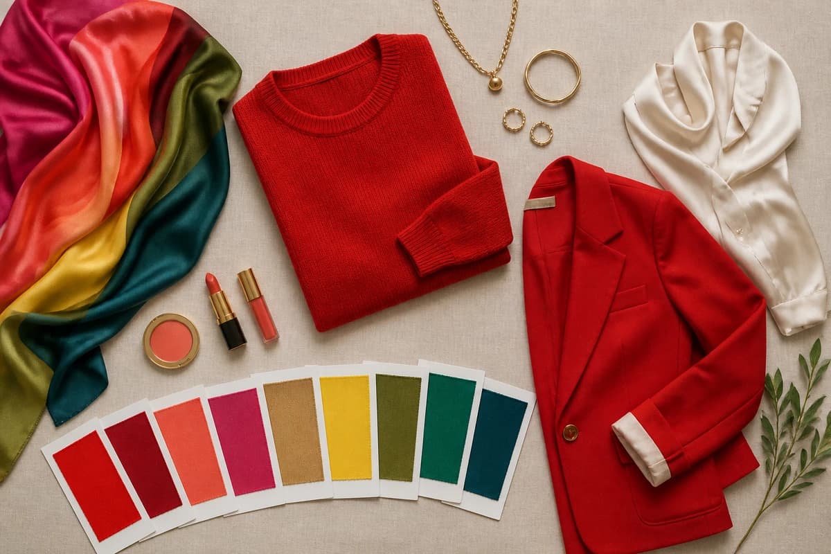 A flat-lay of an at-home color analysis kit, colored fabric swatches, a white sheet, gold and silver jewelry and a hand mirror, by ToneLala
