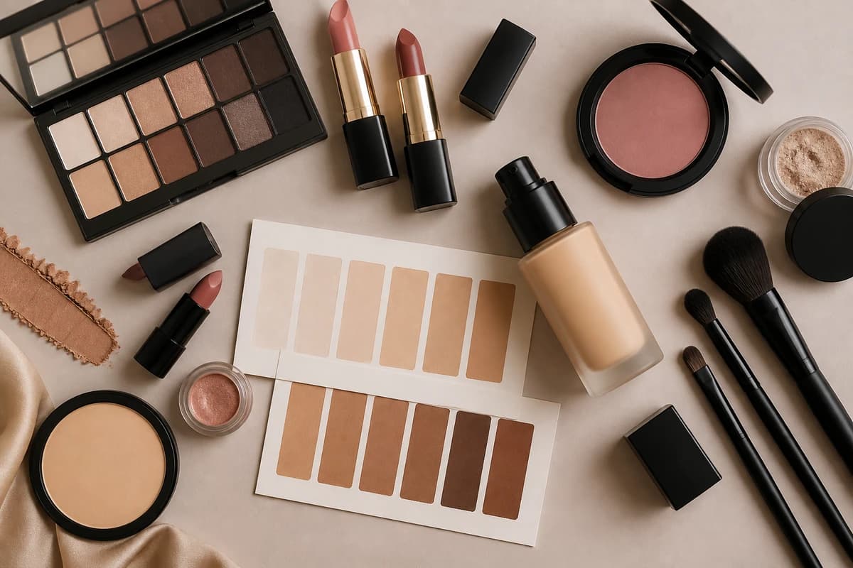 A flat-lay of foundation bottles spanning fair to deep with warm, cool and neutral undertone swatches blended on a white surface, by ToneLala