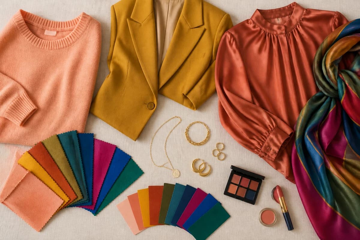 A flat-lay of undertone-test props, a sheet of white paper, gold and silver jewelry and warm and cool fabric swatches in daylight, by ToneLala