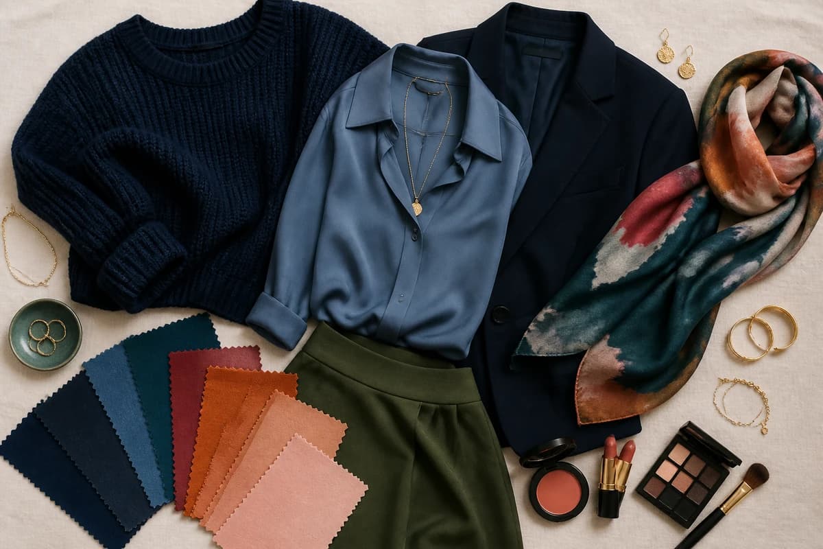 A flat-lay styling beige pieces with navy, rust, olive and chocolate, with gold accessories, by ToneLala