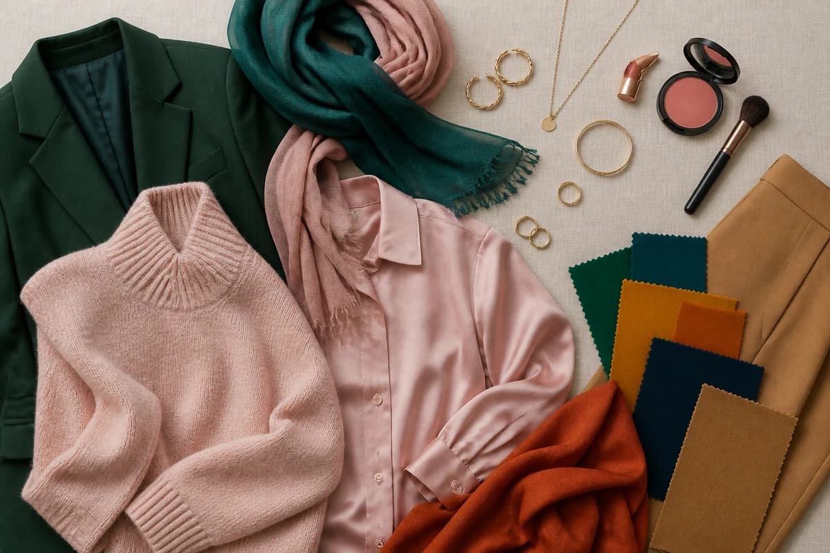 A flat-lay styling burgundy with blush, forest green, camel, navy and gold accessories, by ToneLala