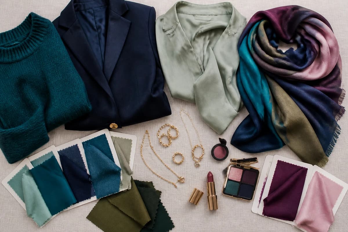 A flat-lay styling coral with teal, denim blue, sage and gold accessories, by ToneLala