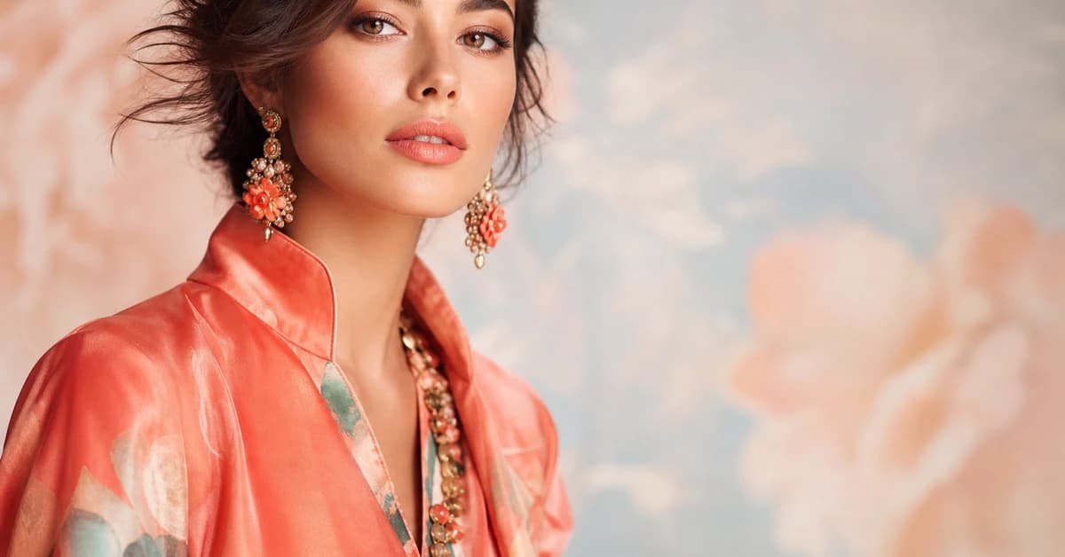 A stylish coral outfit paired with teal and white, with gold jewellery, by ToneLala