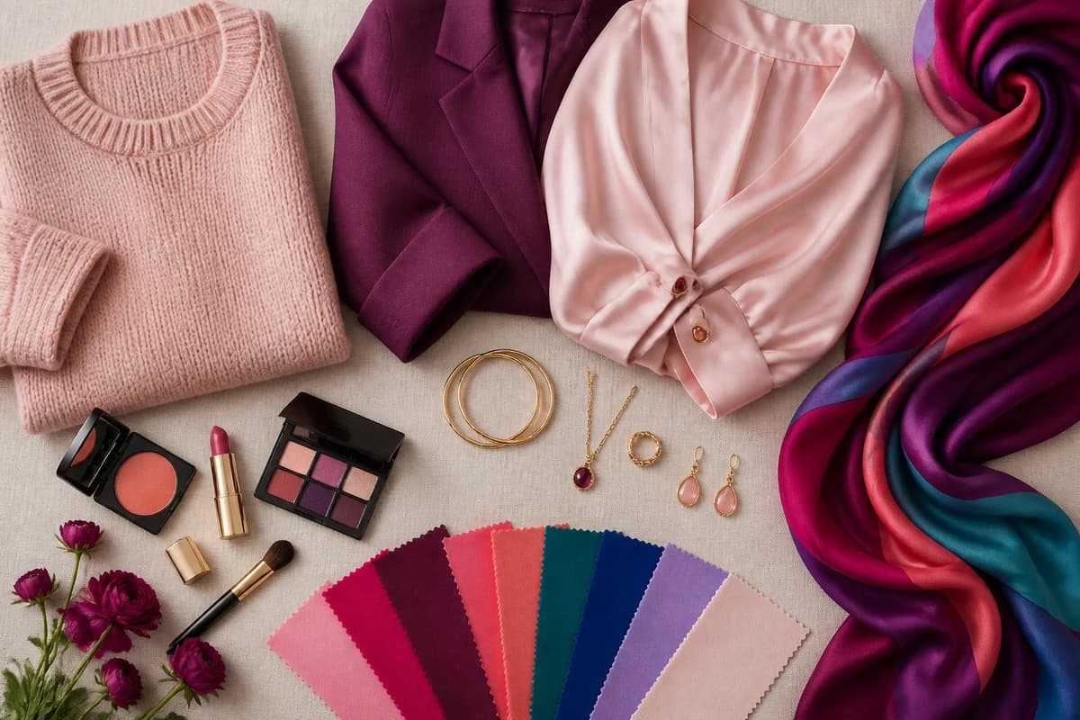 A flat-lay styling emerald green with blush, gold, camel and ivory pieces, by ToneLala