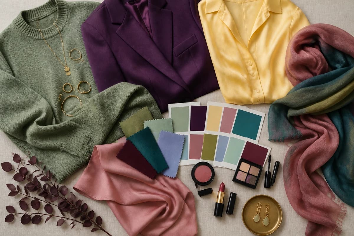 A flat-lay styling lavender pieces with sage, dove gray and silver accessories, by ToneLala