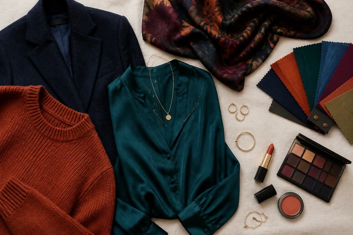 A flat-lay styling mustard yellow with rust, navy and cream pieces, by ToneLala