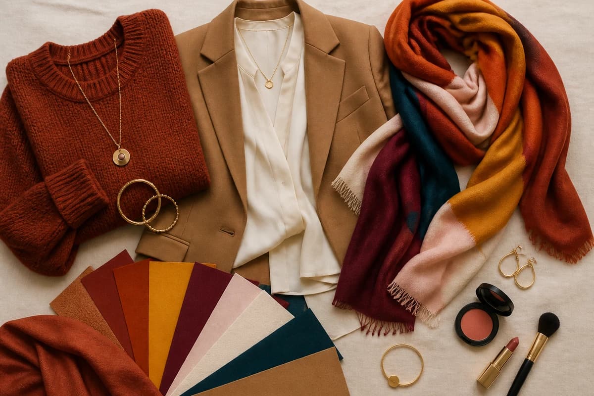A flat-lay styling olive green clothing with cream, terracotta, mustard and tan leather accessories, by ToneLala