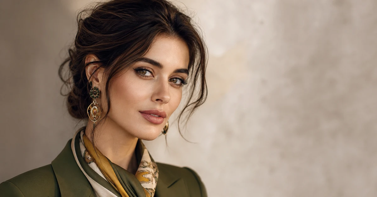 A stylish olive green outfit paired with cream, rust and gold accessories, by ToneLala