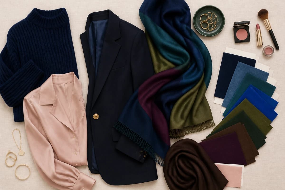 A flat-lay of orange pieces styled with navy, denim, olive and cream accessories, by ToneLala