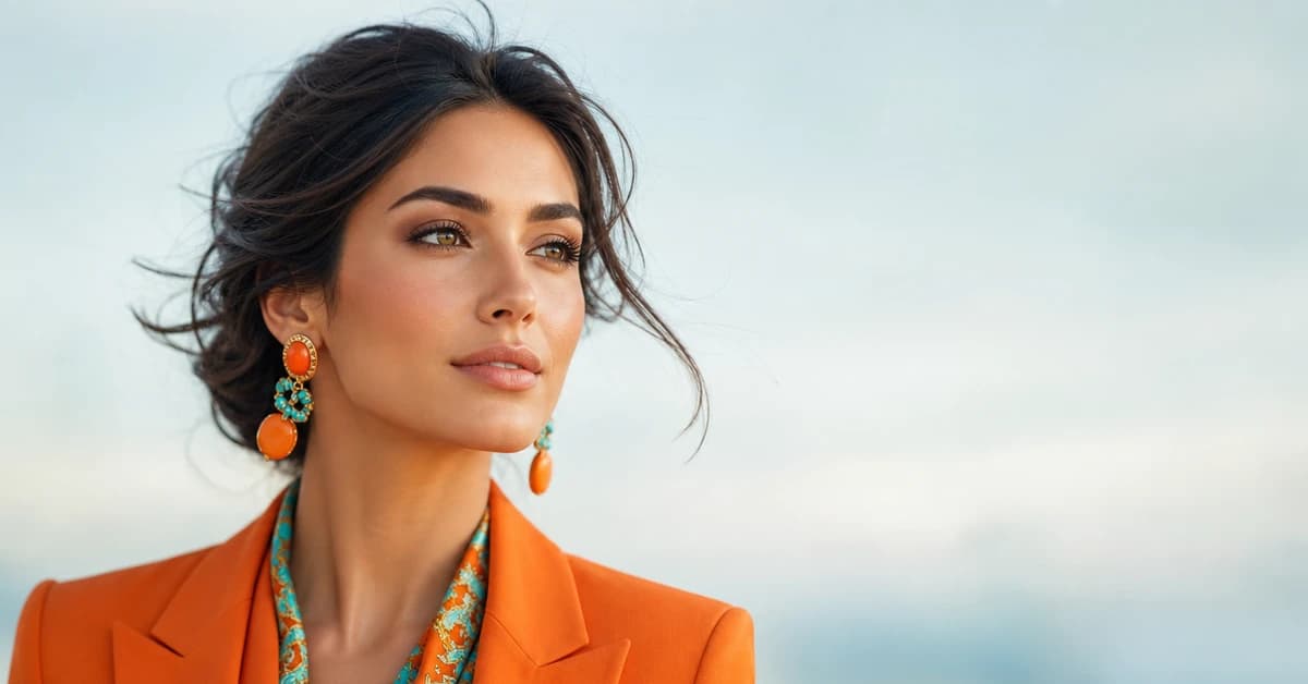 A stylish orange outfit styled with navy and cream, with gold accessories, by ToneLala