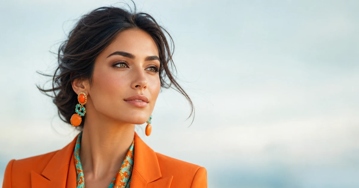 A stylish orange outfit styled with navy and cream, with gold accessories, by ToneLala
