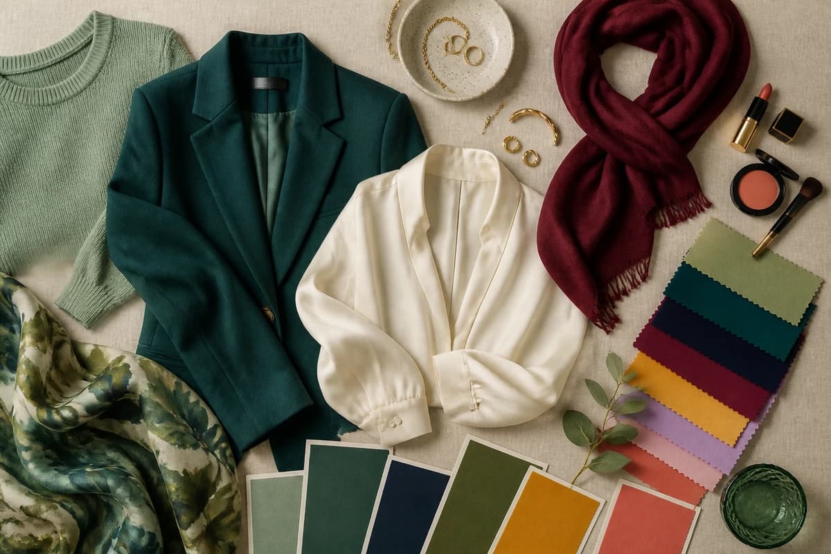A flat-lay styling pink with sage green, navy, camel and burgundy pieces and gold accessories, by ToneLala