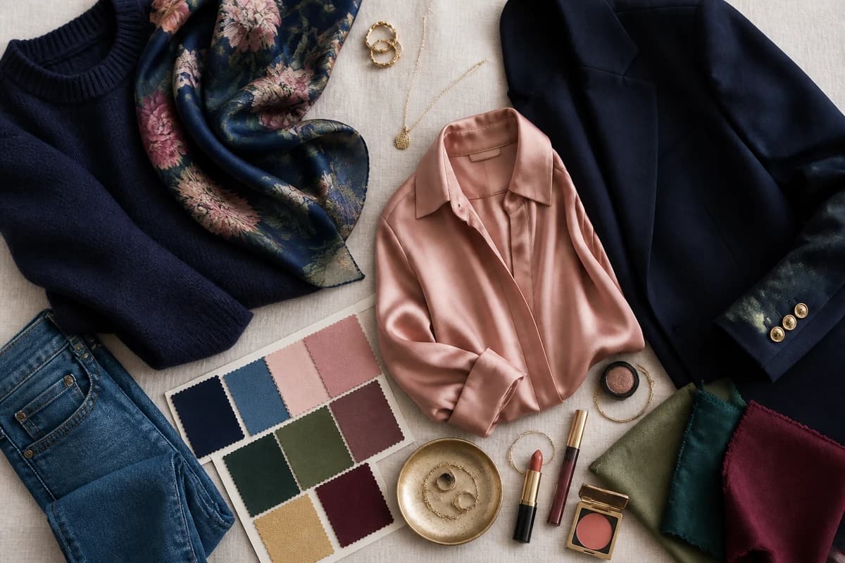 A flat-lay styling red, a red knit, ivory shirt, dark-wash denim, camel loafers and gold jewelry arranged on a pale linen background, by ToneLala