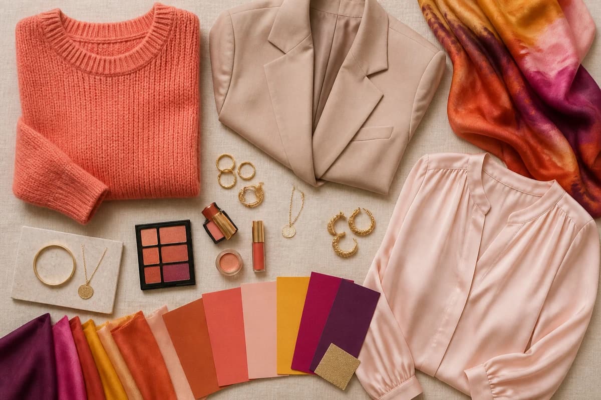 A flat-lay styling teal with coral, cream and gold jewelry, by ToneLala