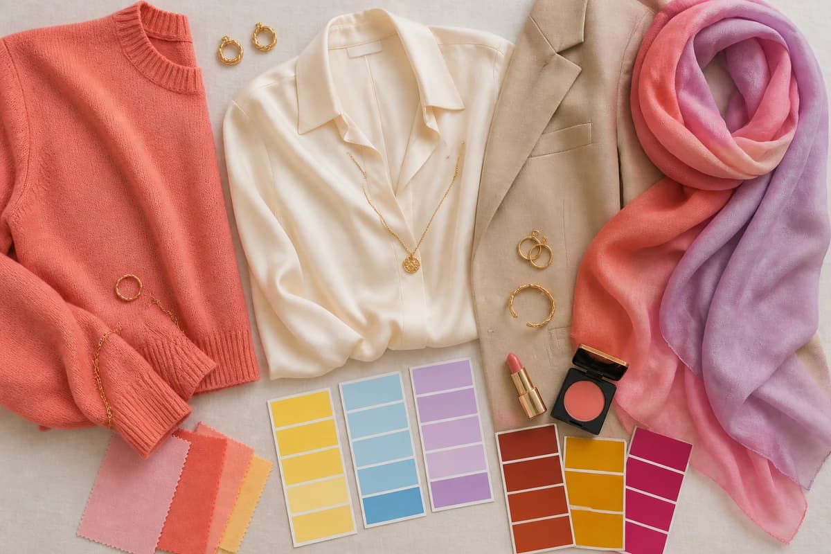 Flatlay of warm-tone and cool-tone fabric swatches used in a Korean personal color (퍼스널컬러) analysis, spanning spring, summer, autumn and winter, by ToneLala