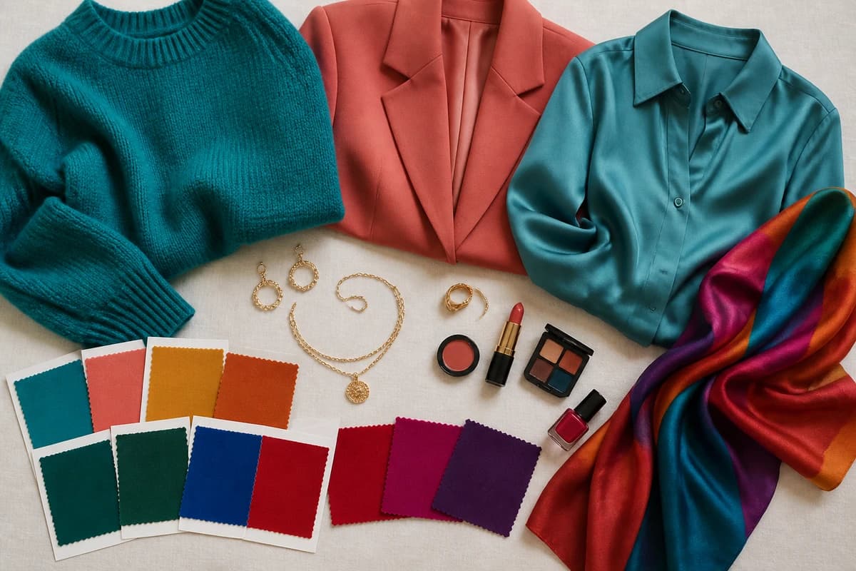 A flat-lay of flattering colors for light brown skin, teal, coral, marigold, emerald and raspberry pieces beside cream, camel and chocolate neutrals with gold jewelry, by ToneLala