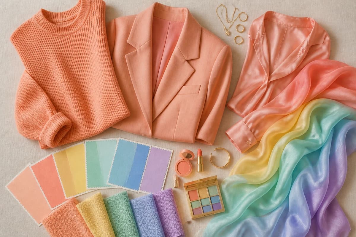 A flatlay of light, warm, bright Light Spring pieces, peach, coral, light golden yellow and warm ivory with gold accessories, by ToneLala