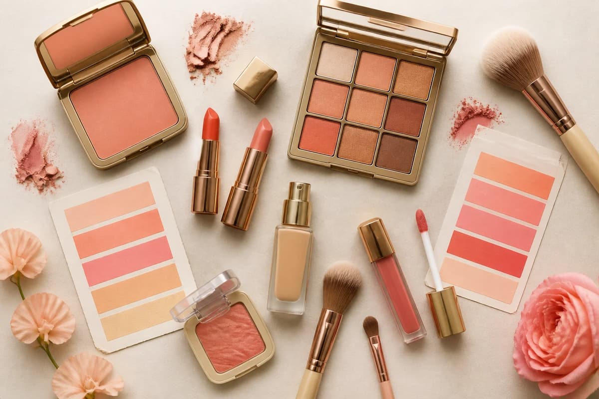 A flat-lay of Light Spring makeup products, peach blush, coral lipstick, soft gold and warm brown eyeshadow with gold-toned packaging, by ToneLala