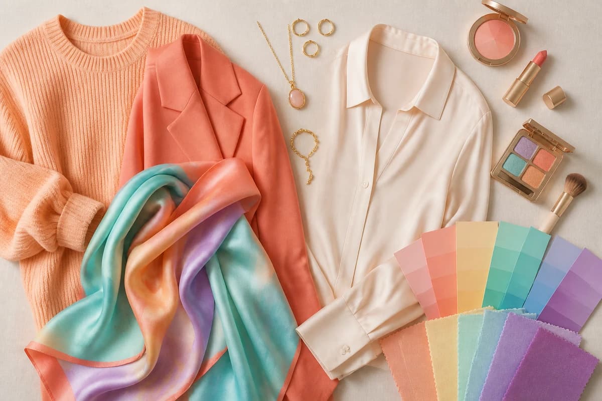 A Light Spring capsule wardrobe flat-lay, peach, warm coral and light golden yellow pieces with warm ivory and light camel neutrals and gold accessories, by ToneLala