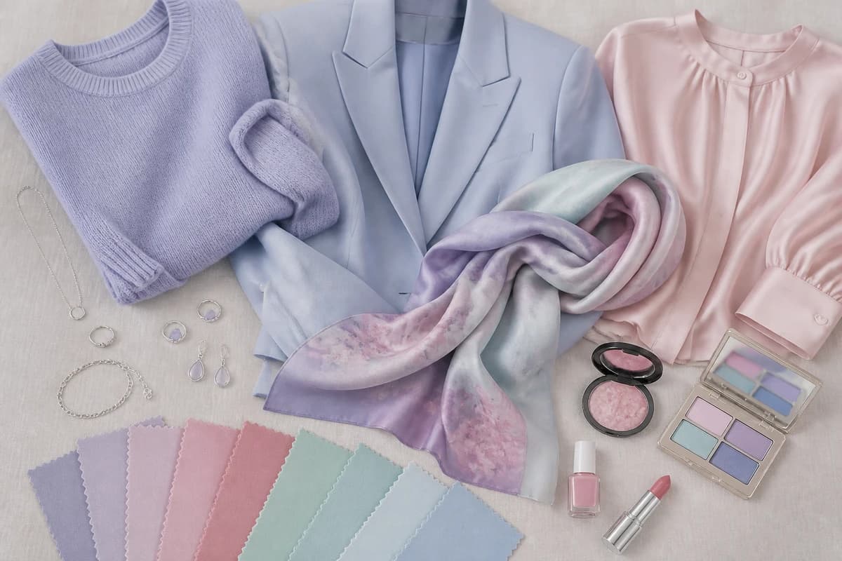 A flat-lay of Light Summer colors, powder blue, soft periwinkle, lavender, soft rose and mint pieces with silver accessories, by ToneLala