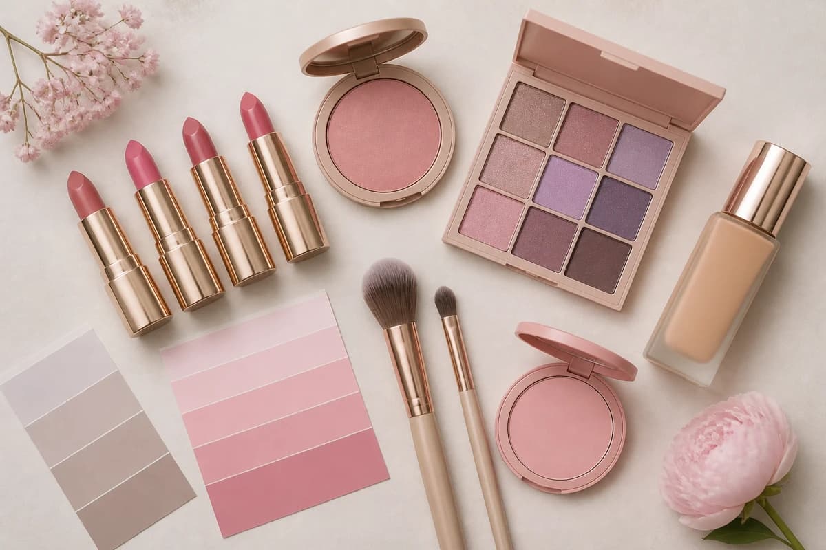 A flat-lay of Light Summer makeup products, cool rose and soft berry lips, soft-pink blush and lavender, taupe and gray-blue eyeshadows, by ToneLala
