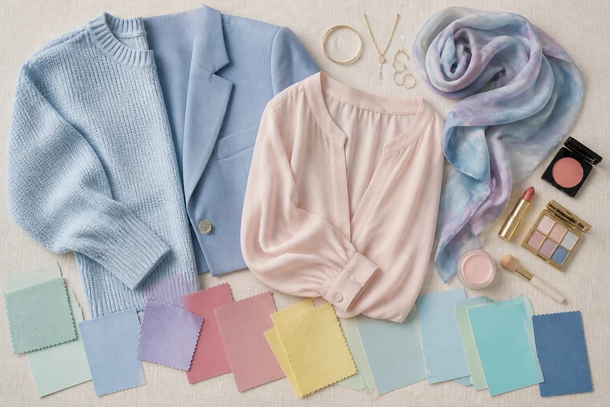 A Light Summer capsule wardrobe flat-lay in cool pastels and soft neutrals, by ToneLala