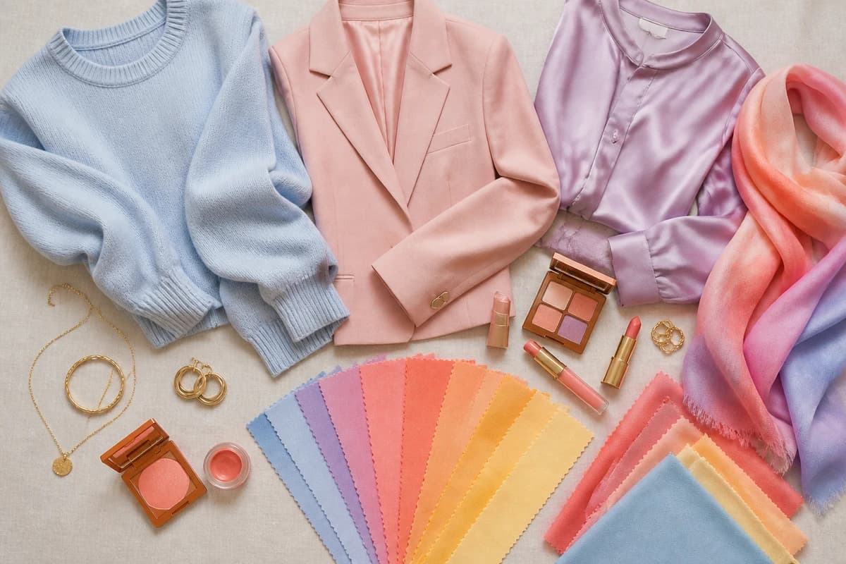 A flat-lay of the colors that distinguish Light Summer from Light Spring, cool powder blue, soft rose and lavender beside warm peach, coral and golden yellow, by ToneLala