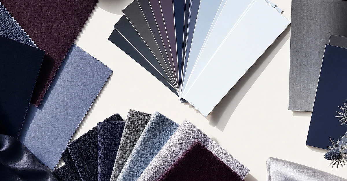 Personal color analysis in New York — a fanned palette of fabric swatches in cool, sophisticated tones