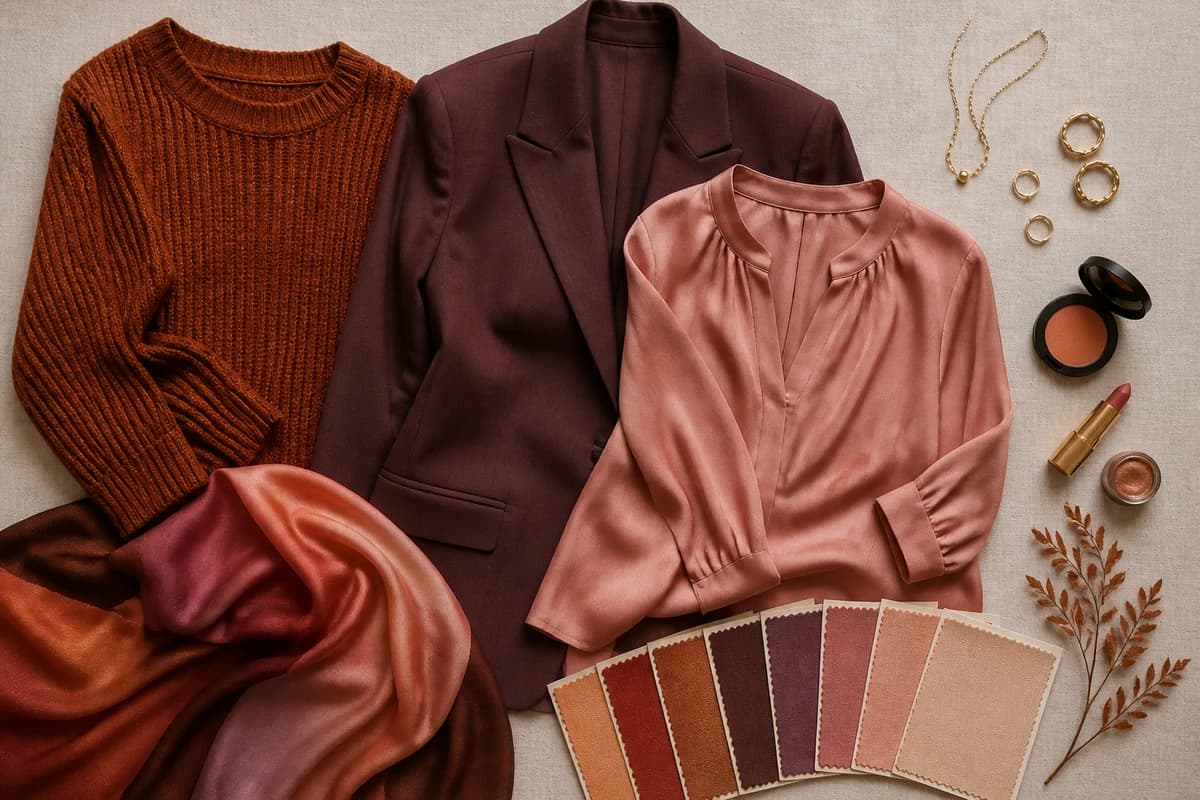 Flatlay of copper, bronze and warm-brown eyeshadows with terracotta lip shades chosen for blue eyes, by ToneLala