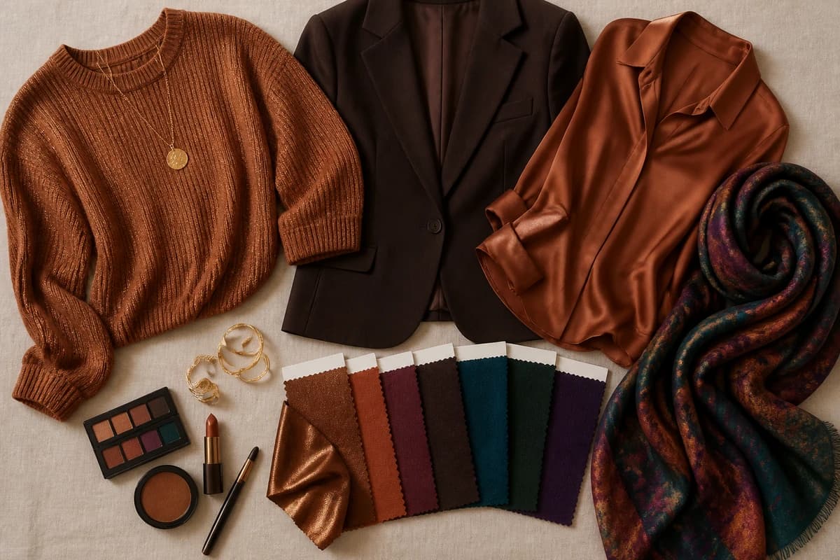 A flat-lay of makeup for brown eyes, bronze, copper, gold and warm plum eyeshadows with a teal liner and brown mascara, by ToneLala