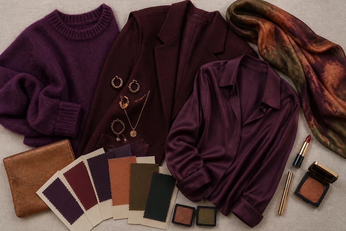 A flat-lay of makeup for green eyes, plum and copper eyeshadows, bronze liner, brick lip and warm rose blush, by ToneLala