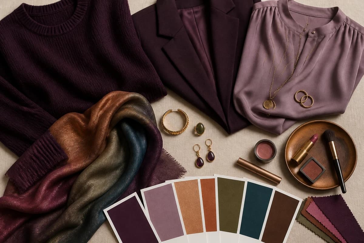 A flat-lay of makeup for hazel eyes, plum, aubergine, bronze, copper and olive eyeshadows with warm rose lips and brown liner, by ToneLala