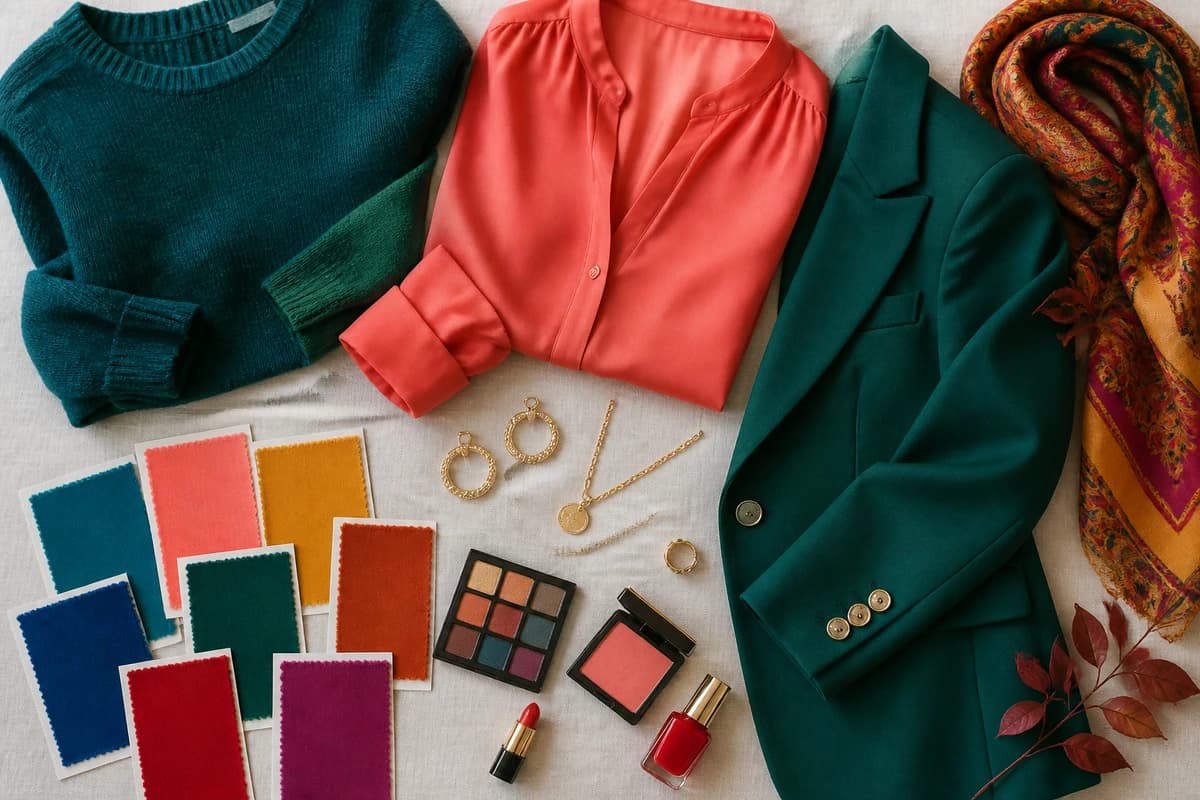 A flat-lay of flattering colors for medium skin, teal, coral, marigold, raspberry and emerald pieces beside camel, cream and chocolate neutrals with gold jewelry, by ToneLala