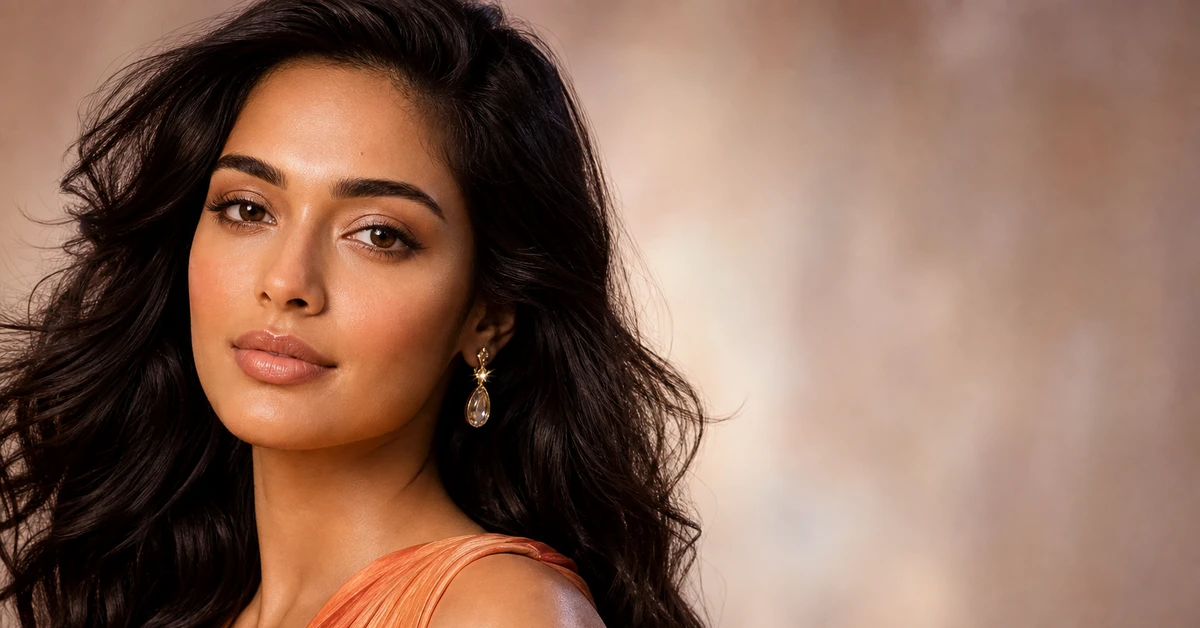 A woman with a medium skin tone in natural light, comparing gold and silver against her jaw to read her undertone, by ToneLala