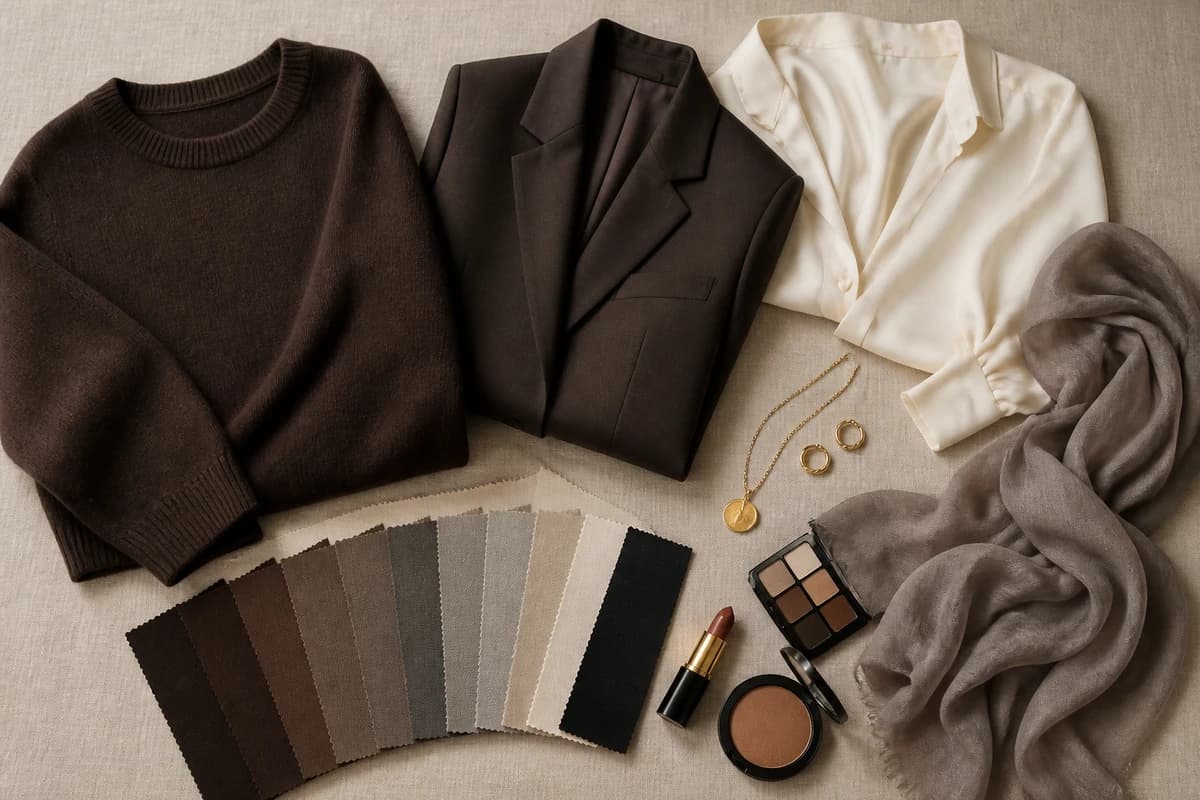 Flat-lay of ten graduated skin-tone swatch cards running from light to deep alongside fabric, foundation and jewelry, by ToneLala