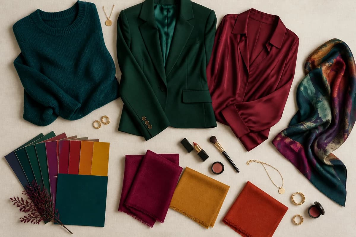 A flat-lay of the best colors for brunettes, teal, emerald, true red, plum, terracotta and cream pieces with gold accessories, by ToneLala
