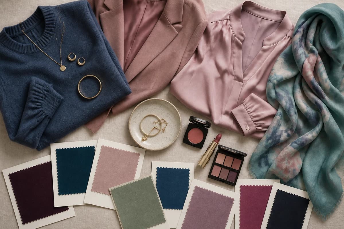 A flat-lay of colors to wear with mushroom brown hair, slate blue, dusty rose, soft teal, plum and sage pieces, by ToneLala